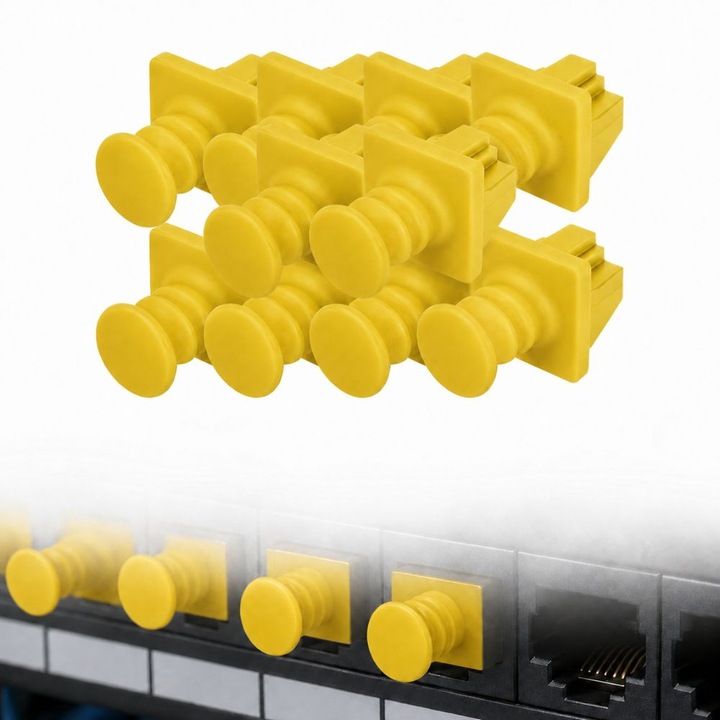 10 db porvédő dugó RJ45-höz, FONIX PortGuard, Porvédelem, Párataszító, Szöszmentes, Karcálló, Biztonságos rögzítés, Kiváló minőségű anyag, Kopásálló, Fogantyús vég, Világossárga