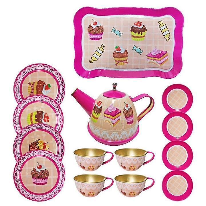 Set ceai metalic copii 14 piese multicolor 24x16x10.5cm
