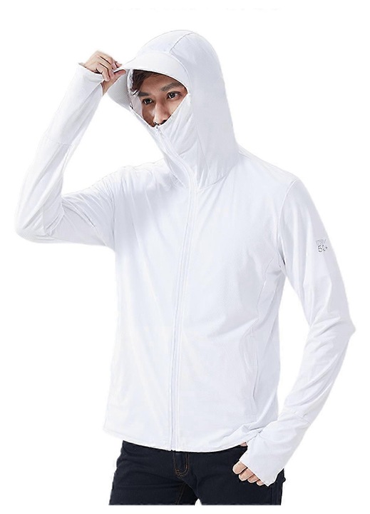 Hanorac sport barbati, protectie solara UPF50+, gluga, alb, poliester/spandex, L INTL