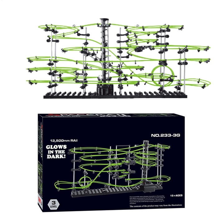 Set pista cu bile, cu motor si lift pe baterii, piste fosforescente verzi, 3 niveluri
