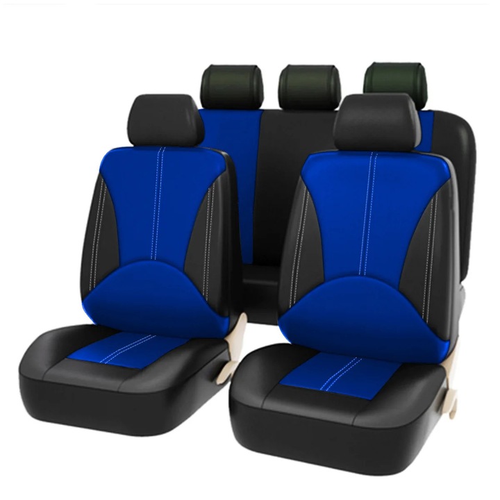 Huse auto scaune, Set universal 5 locuri, 9 piese, Pentru scaune fata si spate, Pentru toate anotimpurile, Negru albastru