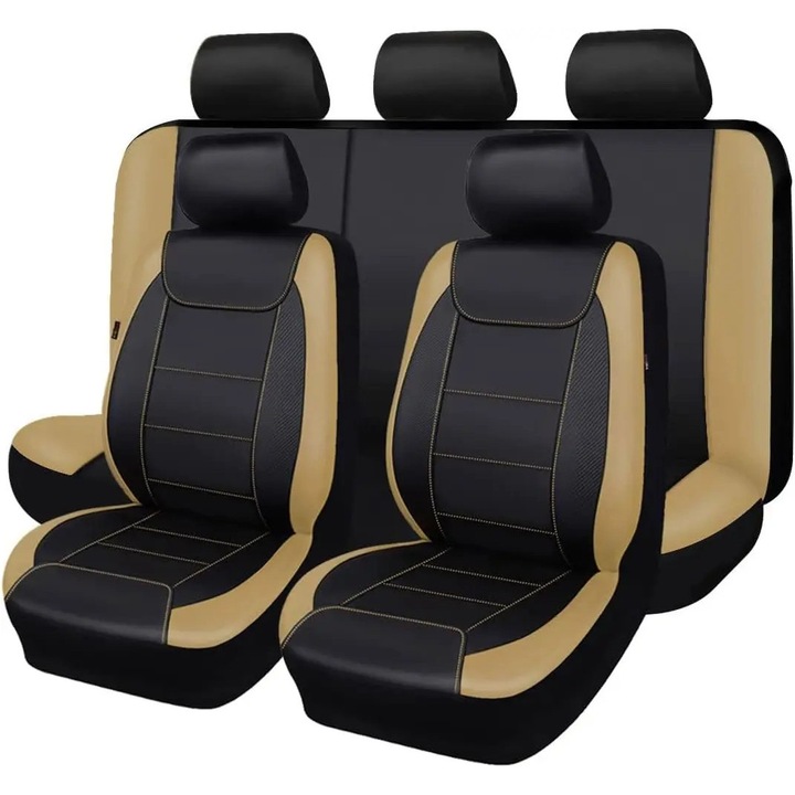 Set huse auto scaune 9 piese, huse universale pentru scaune auto, PU piele poliester, pentru toate anotimpurile, rezistente, usor de montat, negru kaki
