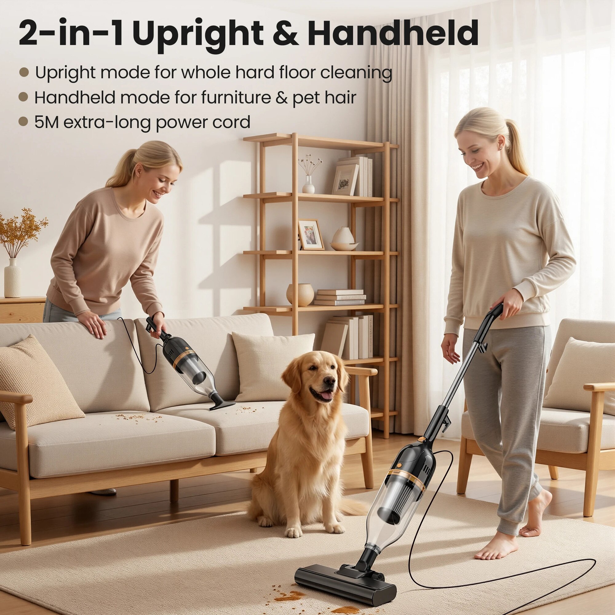 Aspirator R7, 3 in 1 vertical si de mana cu cablu, 600 W, usor, fara sac, filtru HEPA, pentru par de animale si covoare, negru
