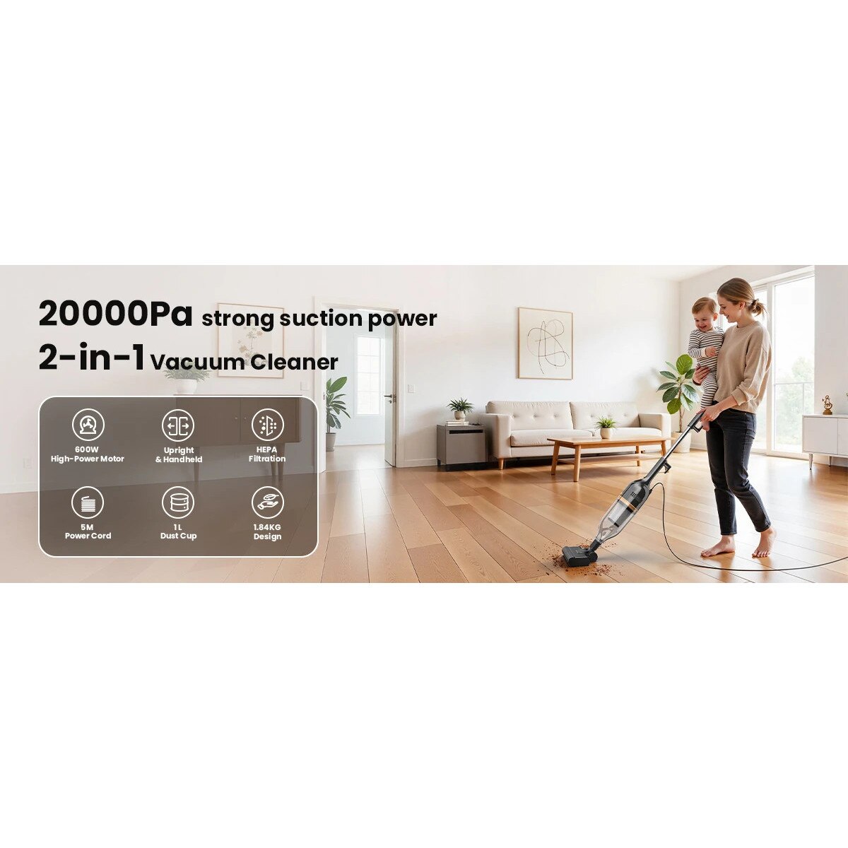Aspirator R7, 3 in 1 vertical si de mana cu cablu, 600 W, usor, fara sac, filtru HEPA, pentru par de animale si covoare, negru