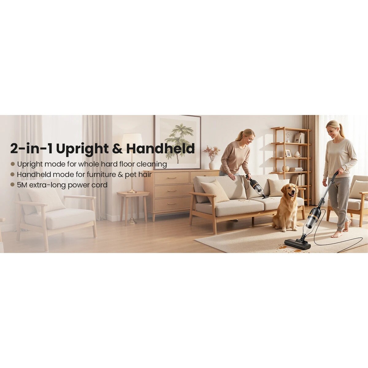 Aspirator R7, 3 in 1 vertical si de mana cu cablu, 600 W, usor, fara sac, filtru HEPA, pentru par de animale si covoare, negru