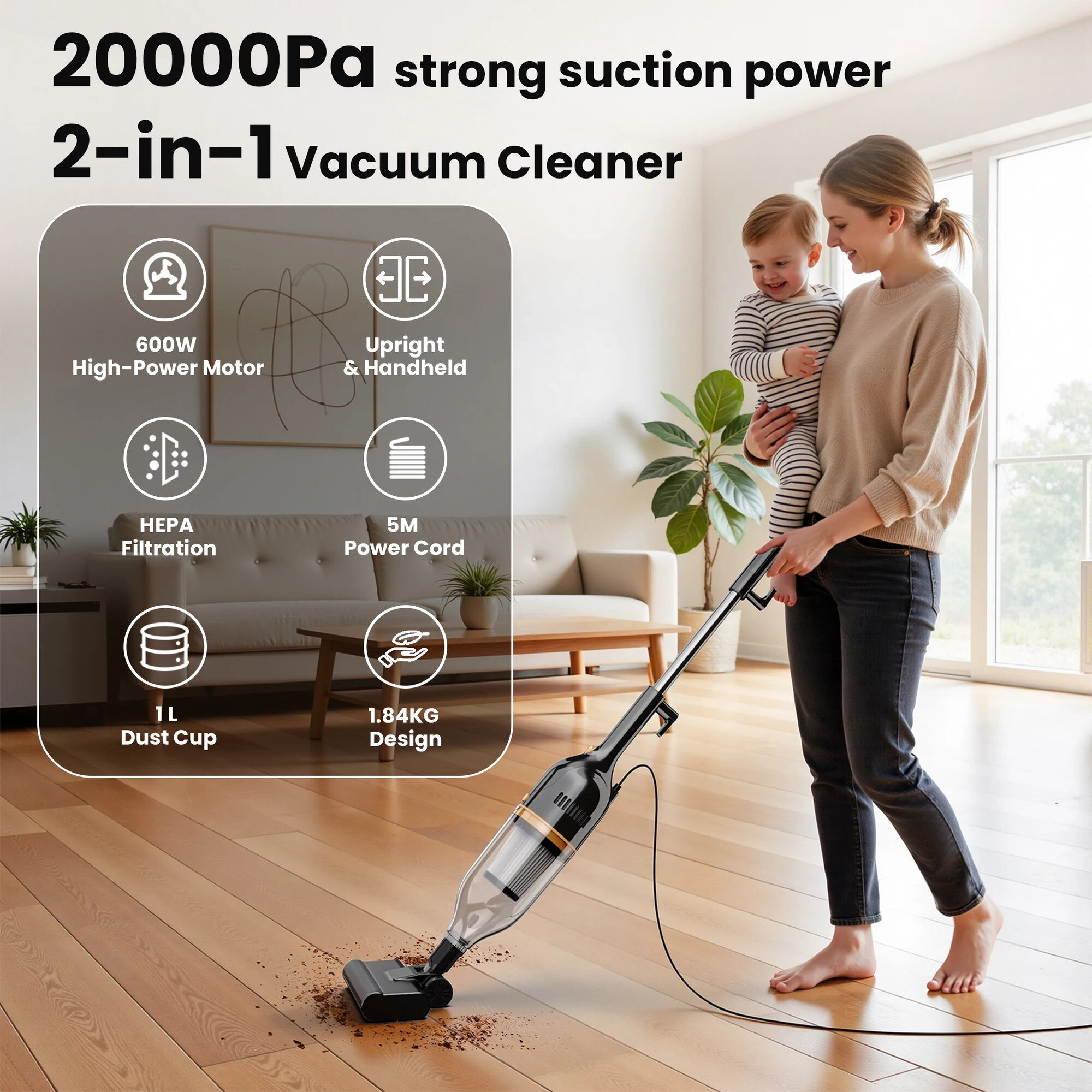 Aspirator R7, 3 in 1 vertical si de mana cu cablu, 600 W, usor, fara sac, filtru HEPA, pentru par de animale si covoare, negru