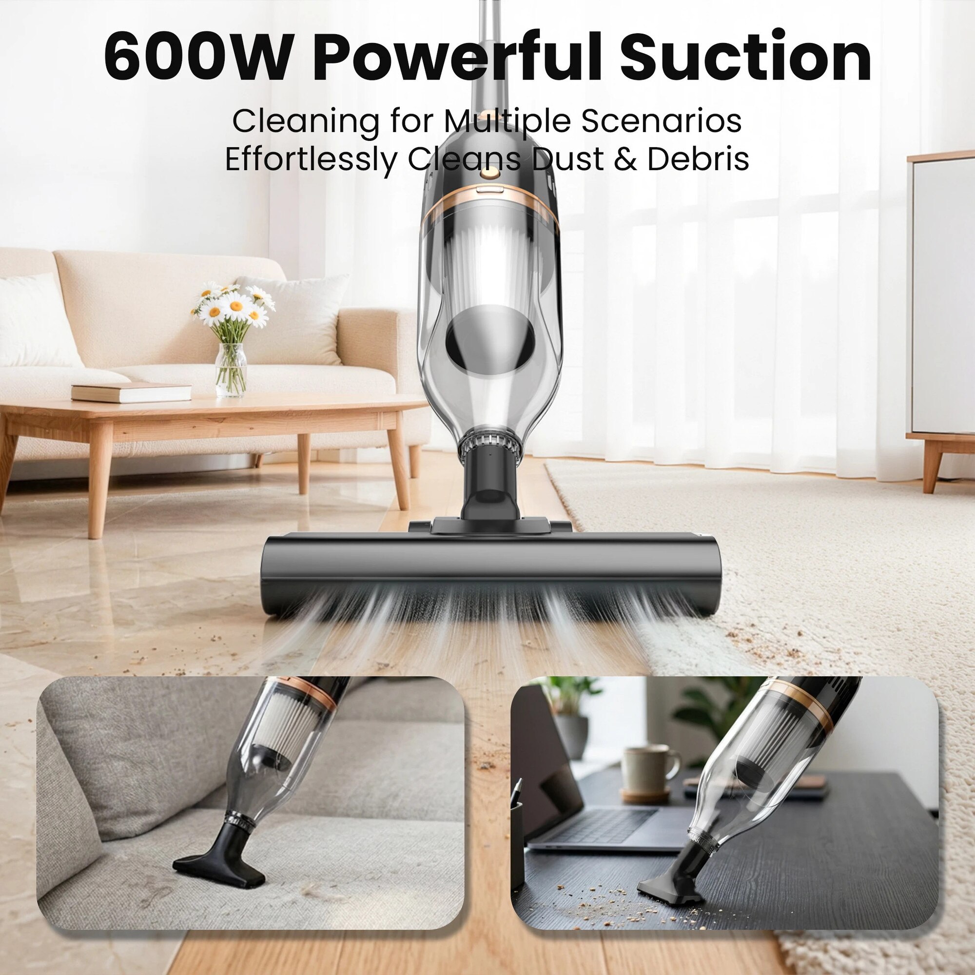 Aspirator R7, 3 in 1 vertical si de mana cu cablu, 600 W, usor, fara sac, filtru HEPA, pentru par de animale si covoare, negru