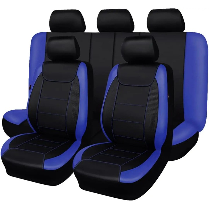 Huse auto scaune, Set universal 9 piese, Piele PU, Pentru toate anotimpurile, Rezistent, Montaj usor, Negru albastru