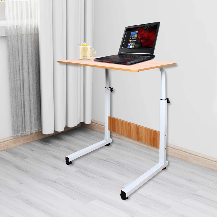 Laptop asztal kerekeken, Mobil oldalasztal, 60×40 cm-es asztallap, Állítható magasság 70–90 cm, 4 fékezhető kerék, Ágyhoz/kanapéhoz, 15 kg teherbírás, Szabadon álló, Fehér és fa
