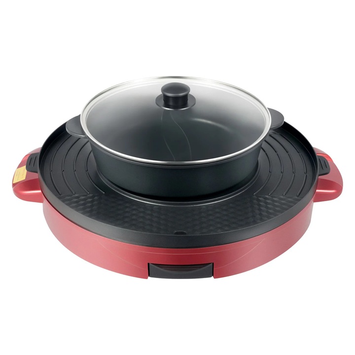 Hotpot si Grill BBQ Electric, Gratar de masa, 2200 W, Oala rotunda 44 cm, Hotpot Ø29 cm, Acoperire antiaderenta, Stecher UE 220 V, Usor de curatat, Rosu