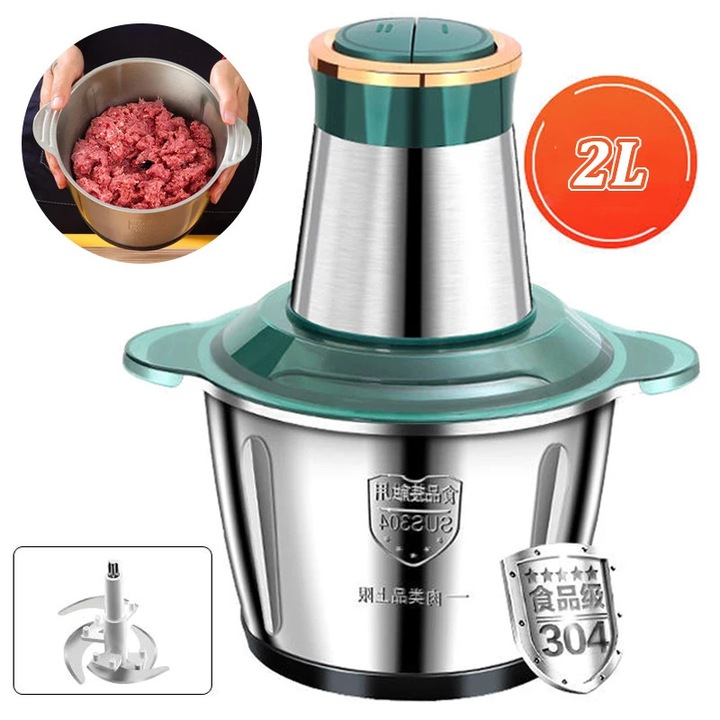 Tocator electric carne & procesor alimente, Chopper 2L, otel inoxidabil, 2 viteze, 50–300 W, mufa EU, Verde