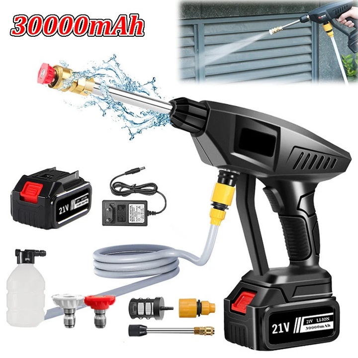 Spalator auto electric, Pistol de inalta presiune, 60 bar, Fara cablu, 1×3000 mAh acumulator, Duza de spuma, Stecher UE, Auto, casa si gradina