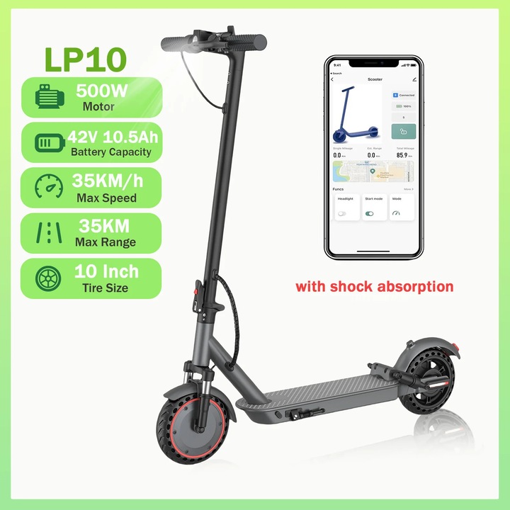 Elektromos roller/e-roller, LP10, 500W motor, 42V 10,5Ah akkumulátor, 35 km/h, Akár 35 km hatótáv, 25 cm kerekek, Összecsukható