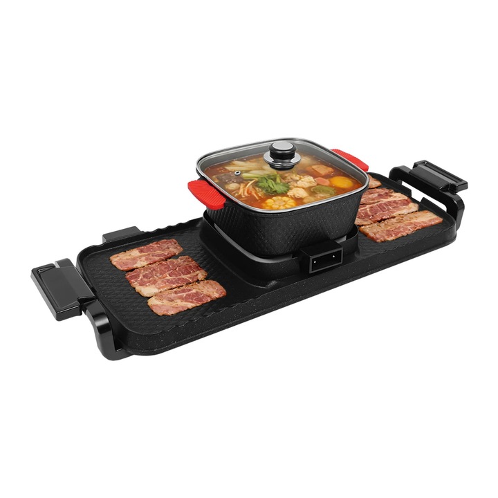 Gratar de masa fara fum & hot pot, set 2‑in‑1, Portabil, Control dublu al temperaturii, Capac din sticla, Pentru interior