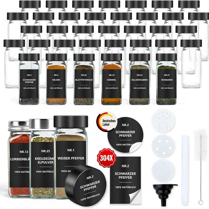 Set recipiente pentru condimente, Borcane din plastic, 36 bucati, Patrate, Capace negre, Etichete, Palnie din silicon, Perie de curatare, Transparent