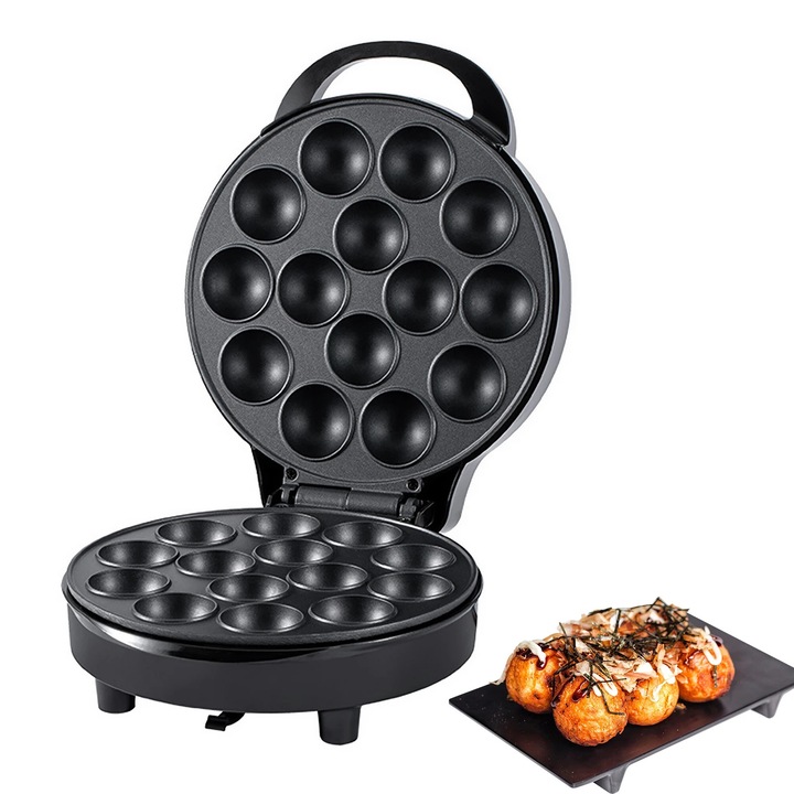 Aparat electric Takoyaki si Poffertjes, Mini aparat de copt, 750 W, Incalzire pe ambele parti, Strat antiaderent, Stecher UE, Multifunctional pentru gogosi