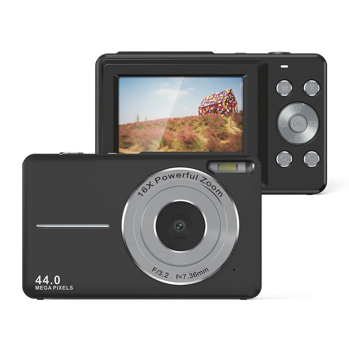 Aparat foto digital, Camera compacta pentru copii, 1080p Video, 44 MP, Zoom digital 16x, Ecran LCD 6, 1 cm, negru