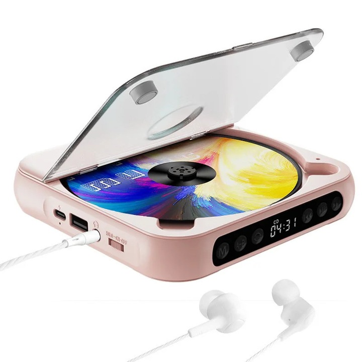CD player, Portabil, Bluetooth, Difuzor incorporat, Baterie reincarcabila, Ecran LCD, Roz