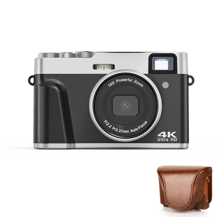 Camera Digitala Retro, Camera Compacta, 48 MP, 4K Video, Zoom 16x, Blit Integrat, AF Autofocus, Card 32 GB + Geanta Camera, Negru