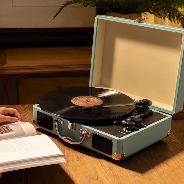 Pick-up retro, Pick-up portabil pentru vinil, Bluetooth, USB, Card SD, Functie de inregistrare, Albastru