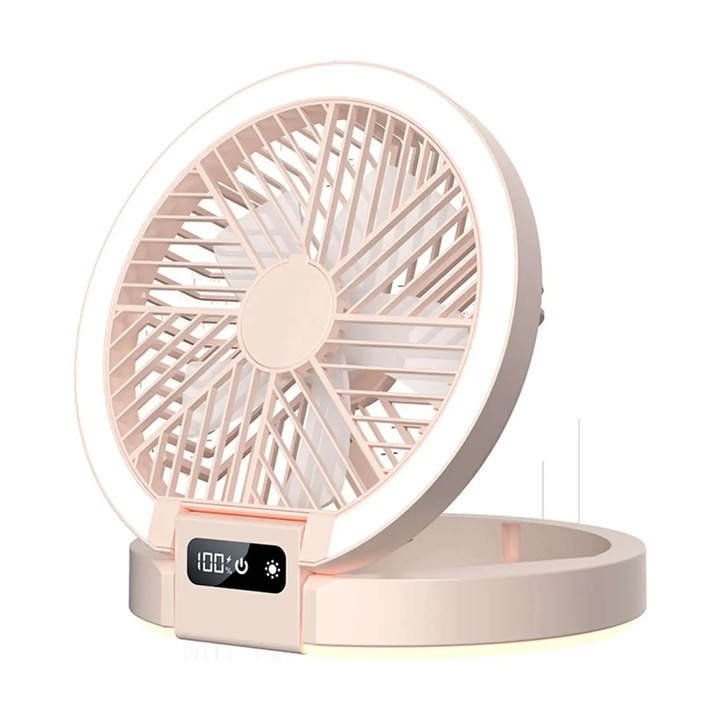 Hordozható ventilátor, Összecsukható USB asztali ventilátor, 5 sebességfokozat, Csendes, Újratölthető lítium akkumulátor, LED éjszakai fény, Rózsaszín