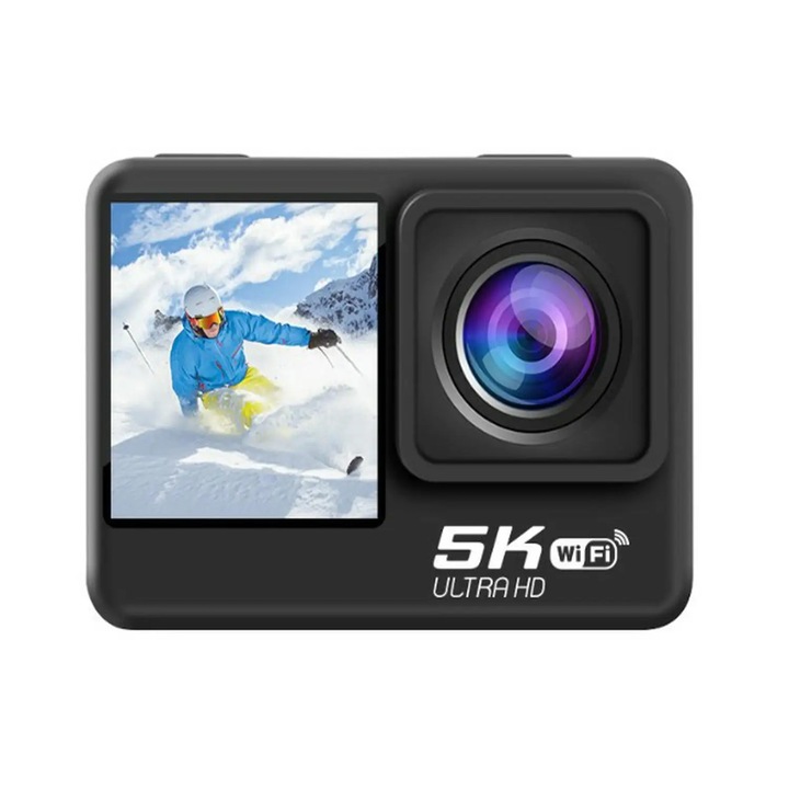 Екшън камера, 5K Ultra HD двоен екран, 30 м водоустойчивост, WiFi, 24 MP, широк ъгъл, поддръжка на външен микрофон, без вграден микрофон
