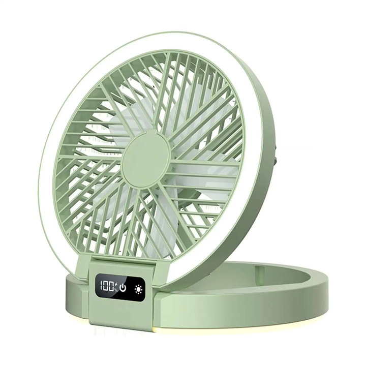 Ventilátor USB hordozható, Összecsukható asztali ventilátor, 5 sebességfokozat, Csendes, LED éjszakai fény, Újratölthető lítium akkumulátor, Zöld