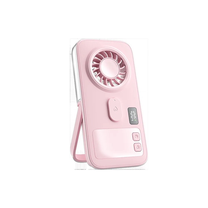Ventilátor mini USB hordozható, kézi/asztali, 4 sebesség, újratölthető lítium akkumulátor, csendes működés, hidratáló pára, Rózsaszín