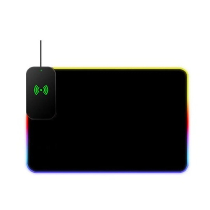 Covoras mouse RGB, Mouse pad gaming, Incarcare wireless, Iluminare RGB, Suprafata impermeabila, Baza din cauciuc antiderapanta, 35×25 cm, 3 mm