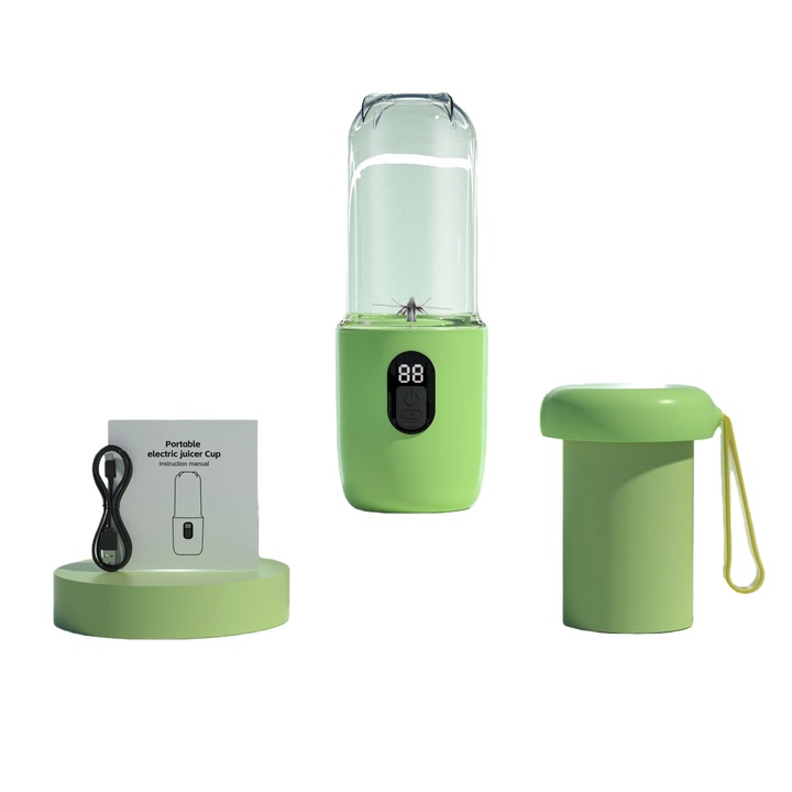 Blender portabil pentru smoothie, Mini storcator, Fara fir, Baterie inclusa, Pentru casa, calatorii si masina, Compact, Verde
