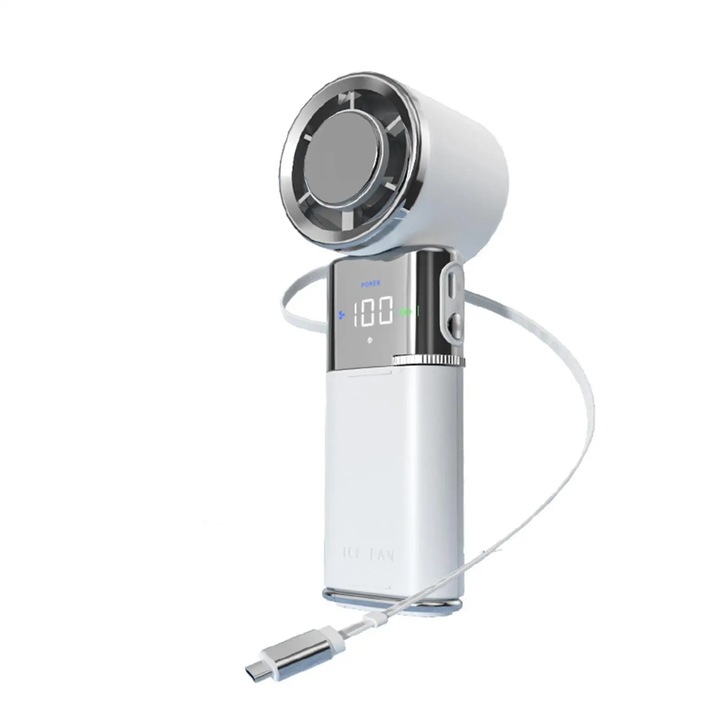 USB kézi ventilátor, Mini hordozható ventilátor, Félvezető hűtés, 6000 mAh Power bank, 100 fokozat, Csendes, Összecsukható, LED kijelző, Fehér