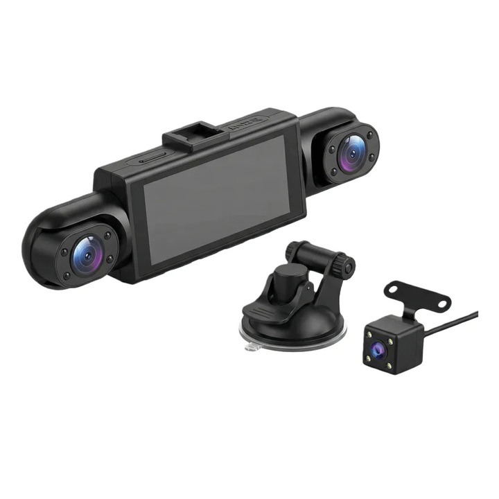 Camera auto, Dashcam, sistem cu 4 camere quad-lens, 1080p Full HD, senzor 3 MP, obiectiv 2 mm, viziune nocturna Starlight, card 64 GB