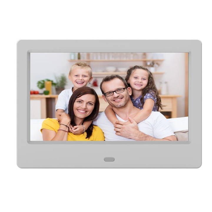 Digitális képkeret, 17,8 cm, 1024x600 HD, távirányító, videólejátszás, óra és naptár, fehér