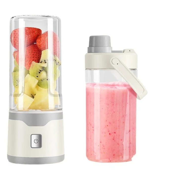 Hordozható Turmixgép Smoothie-hoz, Mini Mixer, 450 ml Kapacitás, 60 W Teljesítmény, Rozsdamentes Acél Pengék (18), Dupla Pohár Ivófedéllel, Fehér