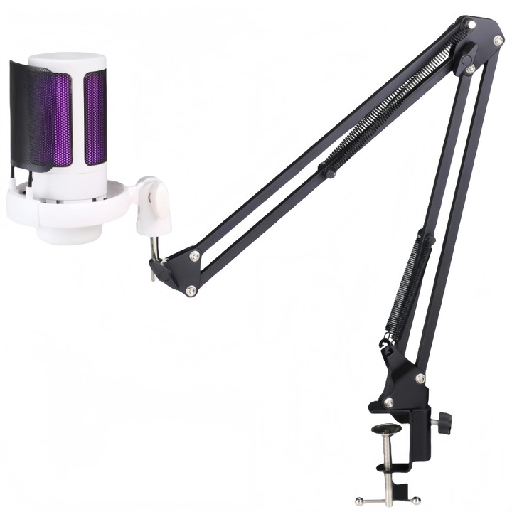 Set microfon USB RGB, Microfon de birou, Brat microfon, Monitorizare in timp real, RGB LED, USB‑C, Cu cablu, Baterie integrata, Alb