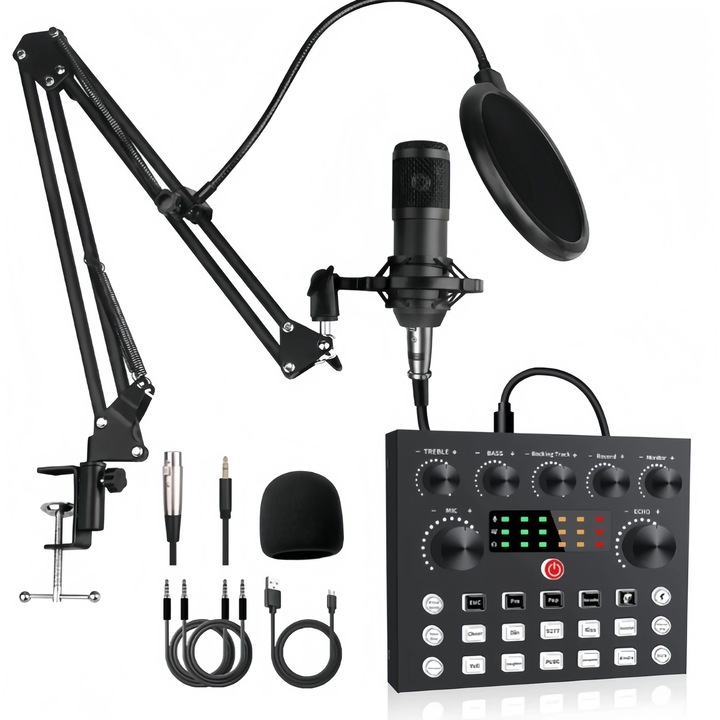 Placa de sunet wireless si set microfon, Mixer Bluetooth, Pentru PC si telefon, Streaming live si inregistrare, Negru