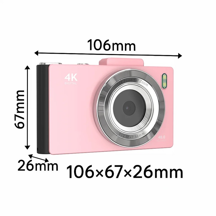 Camera foto digitala retro, Compacta, 48 MP Dublu obiectiv, Ecran IPS 7, 1 cm, Zoom 16x, Autofocus, OTG & SD, Card 64 GB, Roz
