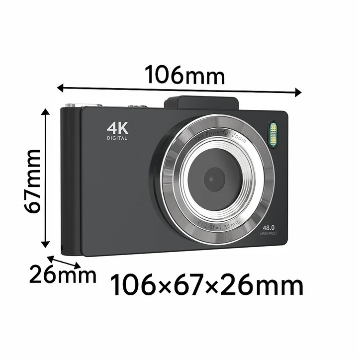Camera digitala retro, Camera compacta, 48 MP Obiectiv dual, Ecran IPS 7, 1 cm, Zoom 16x, Autofocus, OTG si card SD, 64 GB, Negru