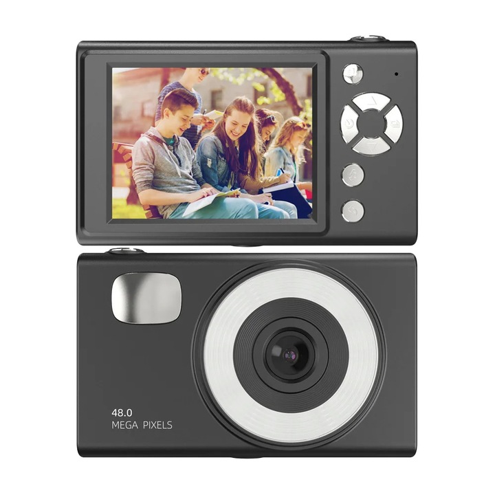 Camera digitala retro, 48 MP CCD, Rezolutie HD, Usoara si portabila, Transfer pe telefon, Pentru studenti, Fara card de memorie, Negru