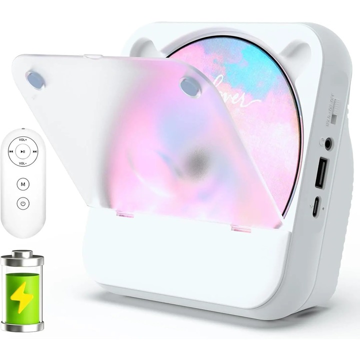 CD player portabil Bluetooth, Difuzor integrat, USB/AUX, Radio FM, Reincarcabil, Telecomanda, Protectie antipraf, Alb