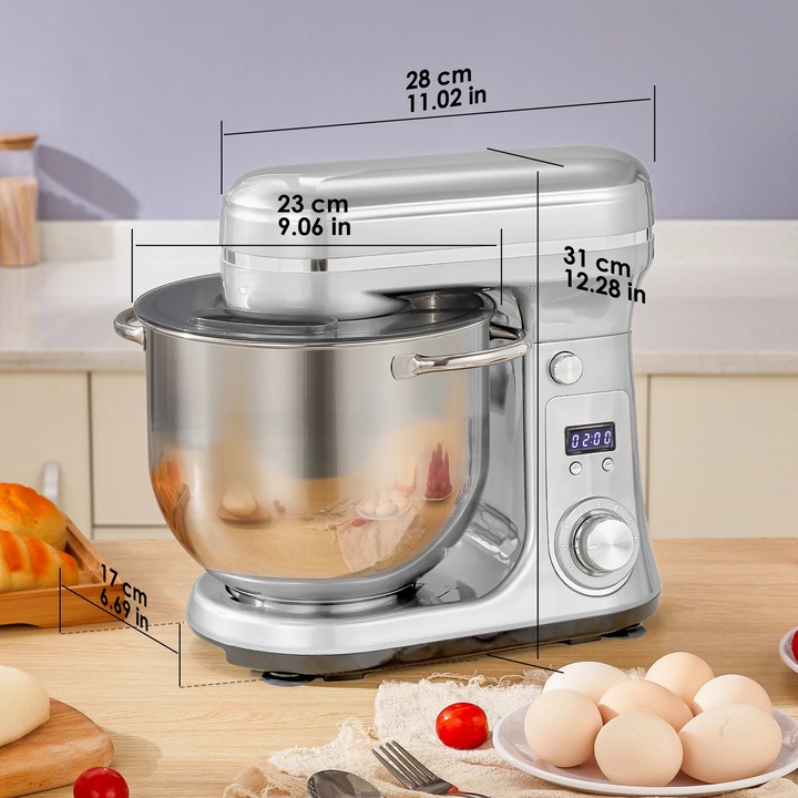 Tálkás mixer, konyhai robotgép, BM601, 1200W, 6L rozsdamentes acél tál, 6 sebesség, csendes DC motor, 240V, EU csatlakozó, ezüst