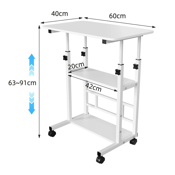 Mobil asztal kanapéhoz és ágyhoz, állítható magasságú laptop asztal 63–91 cm, U-alakú modell, 2 polc, 4 fékes kerék, fém váz, fehér