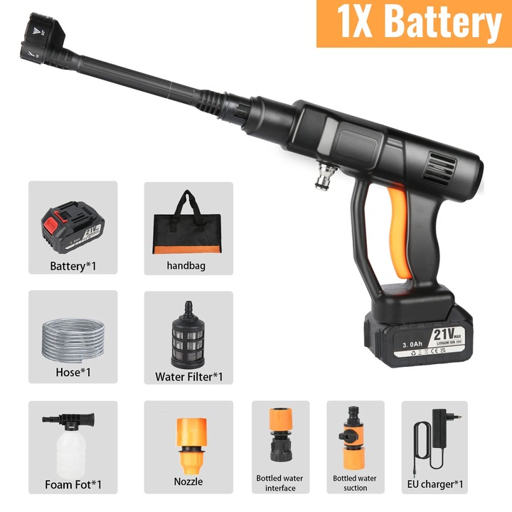 Aparat de spalat cu presiune fara cablu, Spalator portabil electric 6-in-1 pentru masina si gradina, 6 moduri de pulverizare, Spalare cu spuma, Furtun 5 m, 1 baterie inclusa