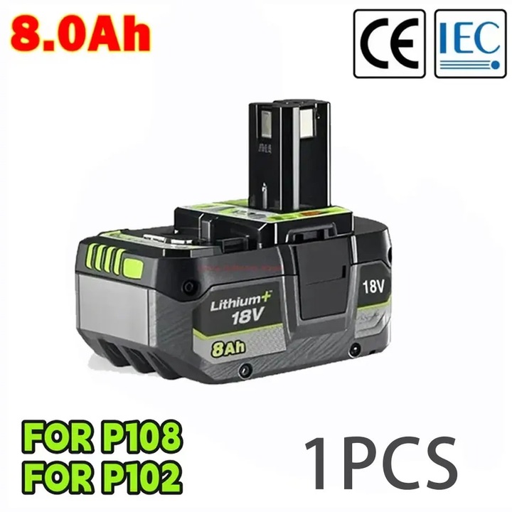 Baterie 18V, Acumulator Li-ion 8, 0Ah 8000mAh, Compatibil unelte 18V P104 P107 P108 RB18L50 RB18L20, Autodescarcare redusa, 1 bucata