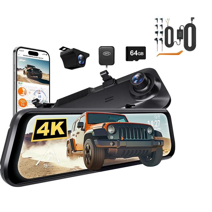G850 Pro, Camera auto dubla fata spate, 4K UHD 60 fps, ecran oglinda tactil 30, 5 cm, WiFi GPS, viziune nocturna 170°, kit hardwire si card 64GB
