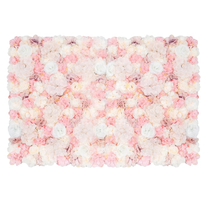 Perete floral din trandafiri de matase, Panouri florale decorative, Set 12 buc 60x40 cm, Flori artificiale, Decor nunta si petrecere interior, Roz