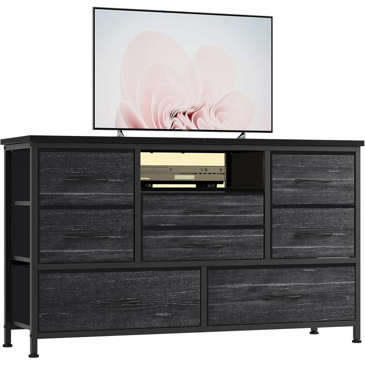Komód 8 fiókkal, TV állvány 121 cm-es televíziókhoz 127 cm-ig, LED világítás, 2 USB port és 3 aljzat, fém keret, Black Willow szín
