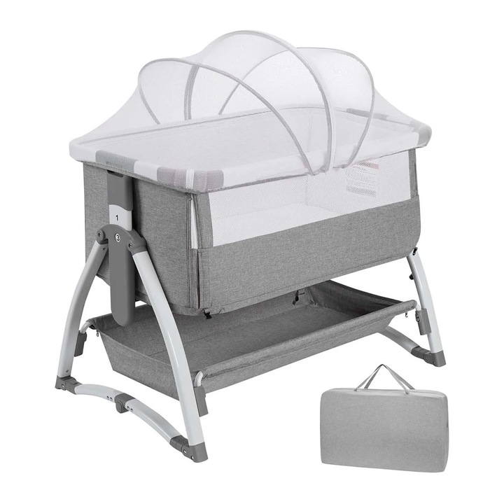 Pat bebe 4‑in‑1, patut co-sleeping langa pat, reglabil pe inaltime, cu roti, cu plasa de tantari, pentru nou-nascuti 0–12 luni, metal