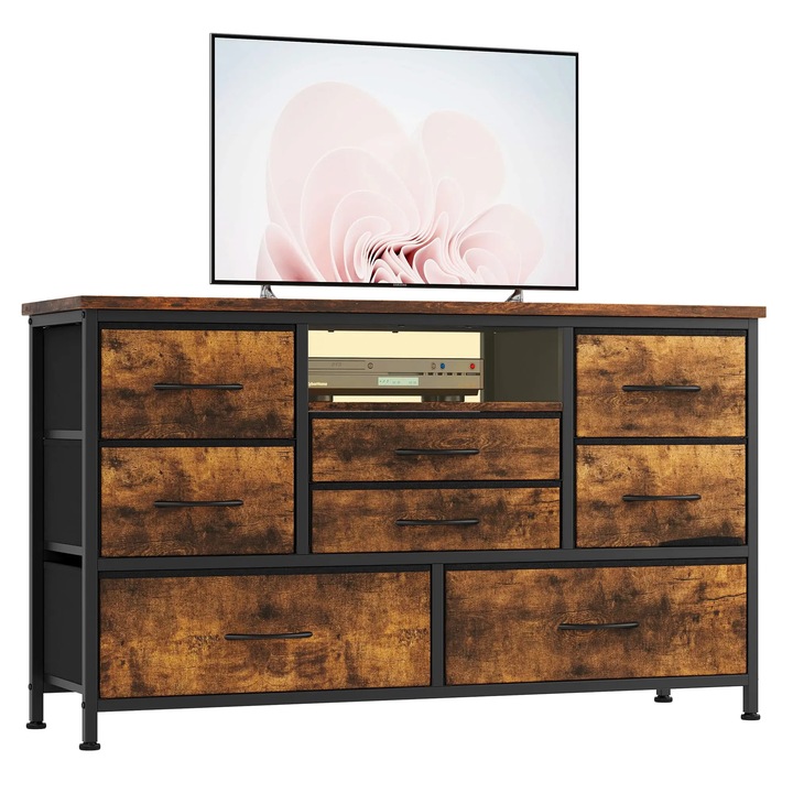 TV szekrény 127 cm-es TV-hez, előszoba szekrény 8 fiókkal, LED világítás, 2 USB port és 3 aljzat, fém keret, textil fiókok, barna