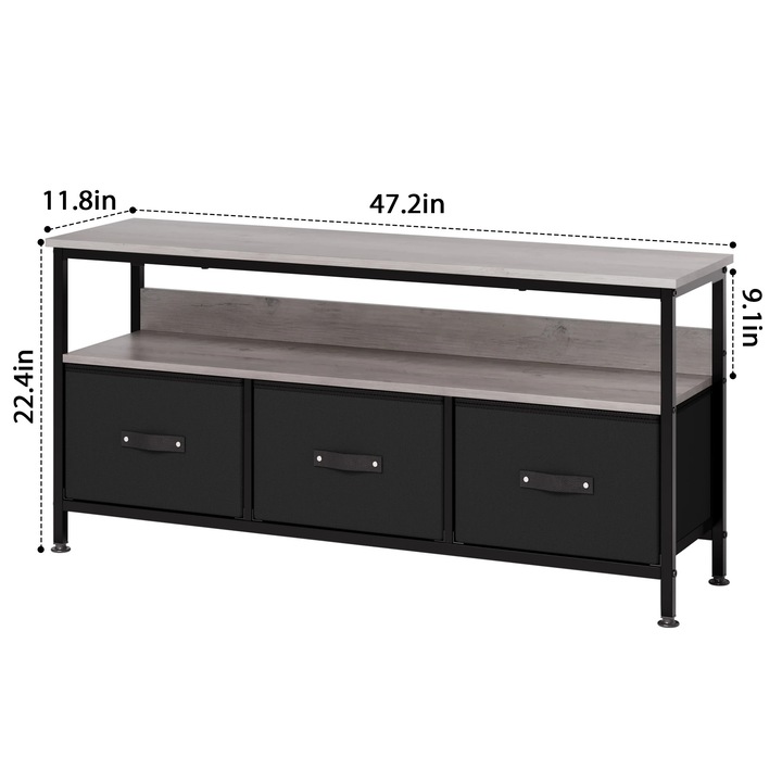 TV szekrény, TV állvány akár 140 cm-es televízióhoz, Fiókokkal és polcokkal, Modern design, Fém keret, Szürke